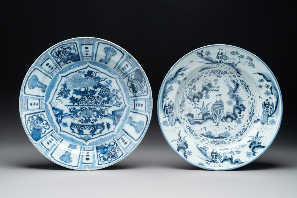 Two blue and white Dutch Delft 'chinoiserie' dishes, 17th C.