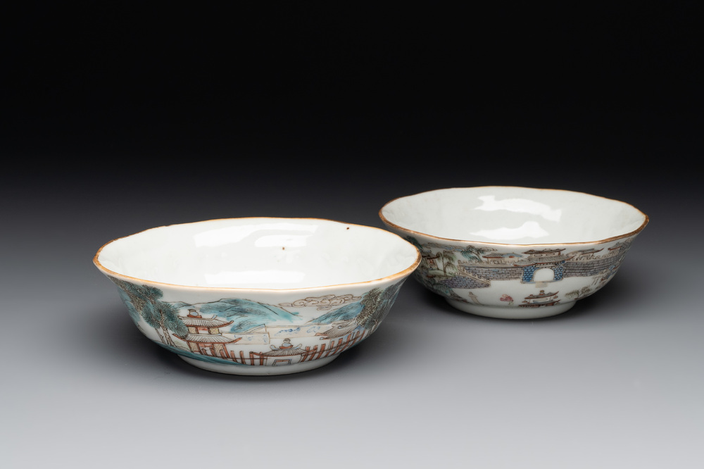 A pair of Chinese famille rose 'landscape' bowls, Daoguang mark and of the period