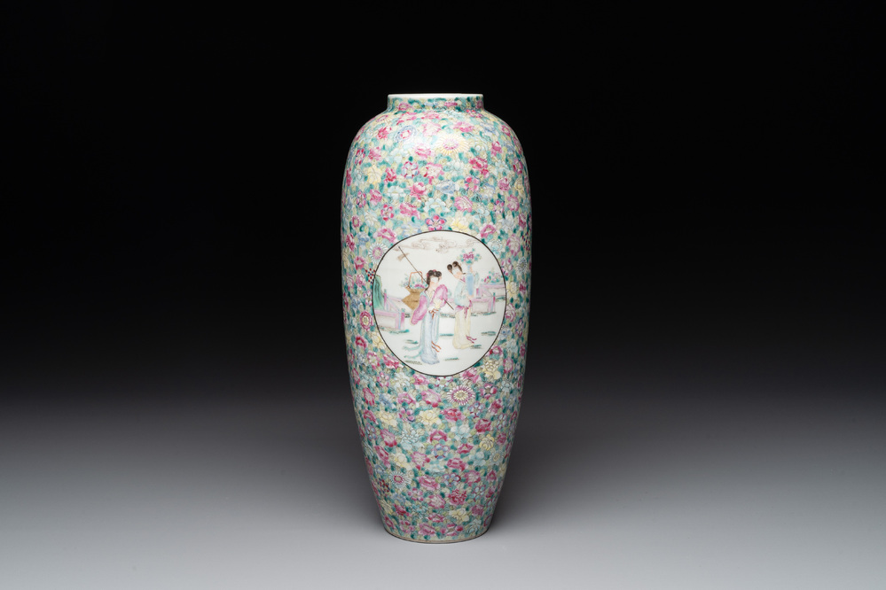 A Chinese famille rose 'millefleurs' 'ladies in a garden' vase, Republic