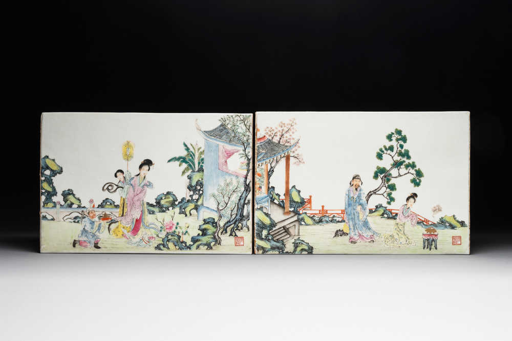 A pair of Chinese famille rose plaques with garden scenes, 19/20th C.