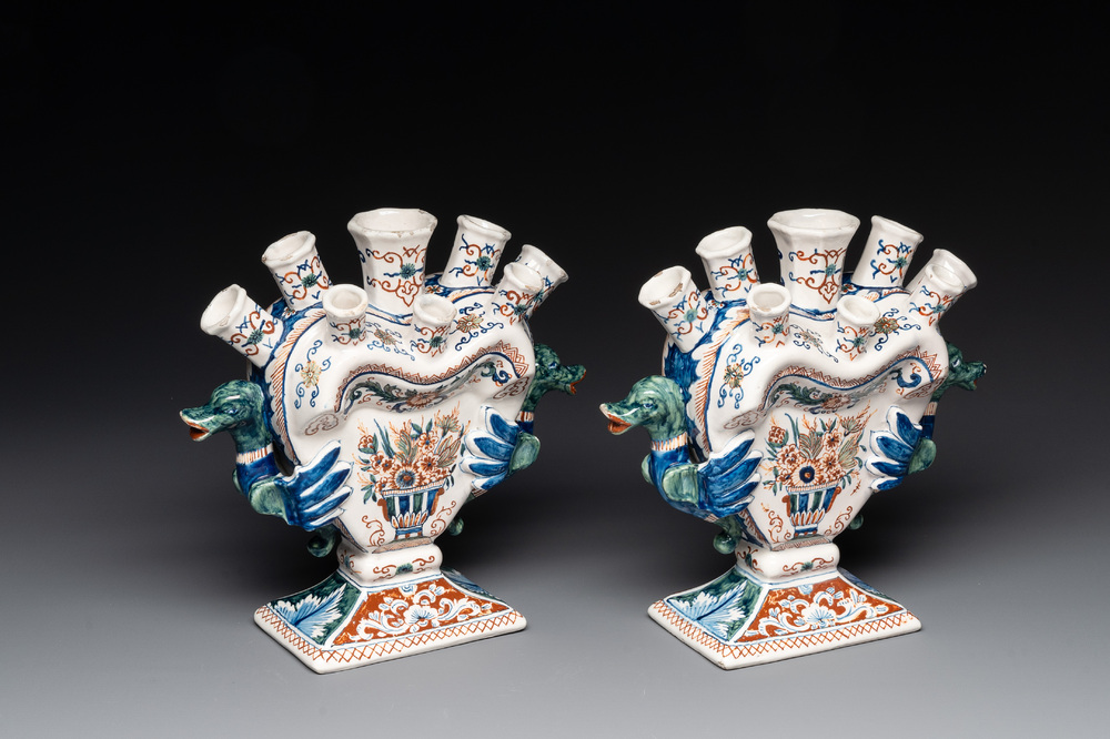 A pair of polychrome Dutch Delft cashmere palette tulip vases, 19th C.