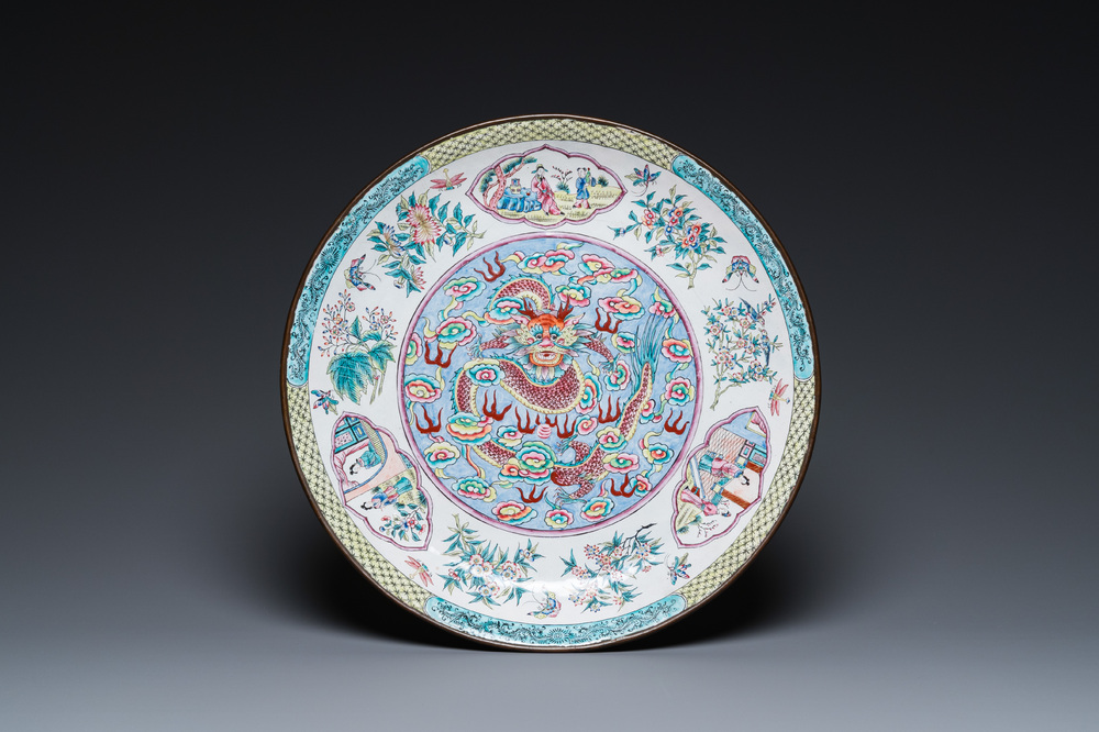 A Chinese Canton enamel 'dragon' dish, Kangxi mark, 19th C.