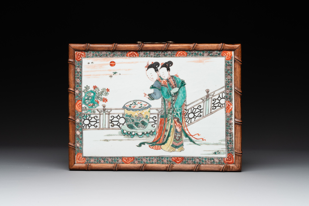 A Chinese famille verte plaque with ladies in a garden, Kangxi