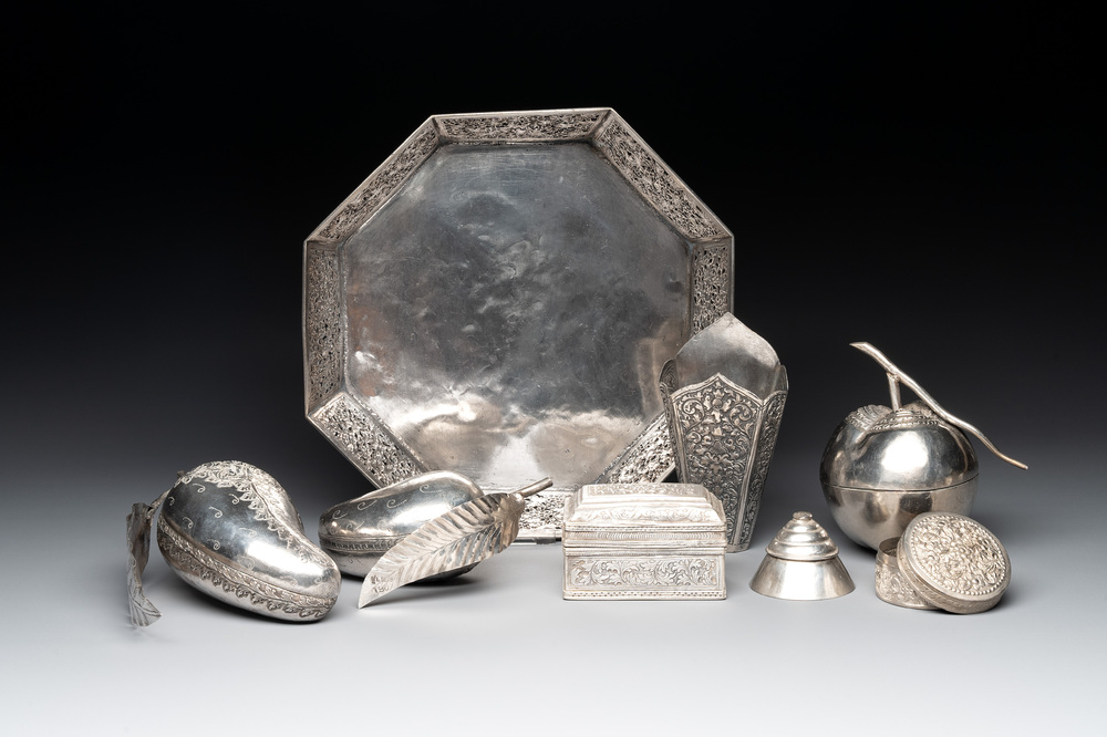 A varied collection of eight silver betel chewing utensils, Southeast Asia, 19/20th C.