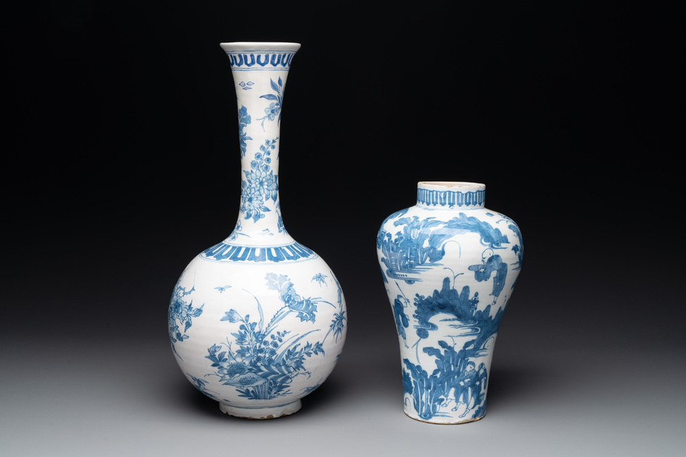Two blue and white Dutch Delft chinoiserie vases, 17th C.