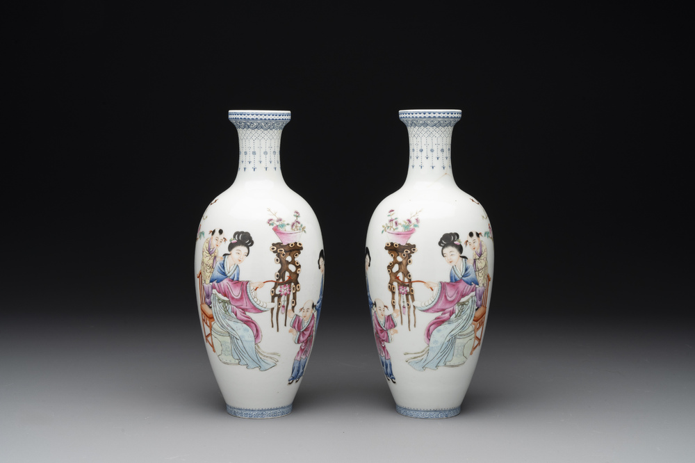 A pair of Chinese famille rose semi-eggshell 'ladies and boys' vases, Hongxian mark, 20th C.