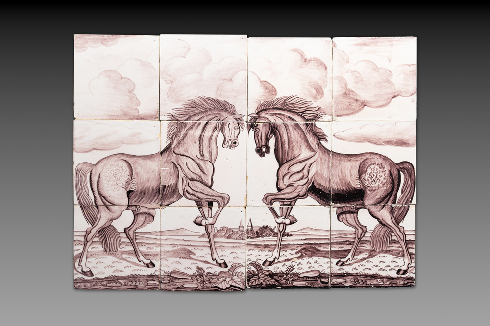 A pair of manganese Dutch Delft tile murals depicting stallions, probably Rotterdam, late 18th C.