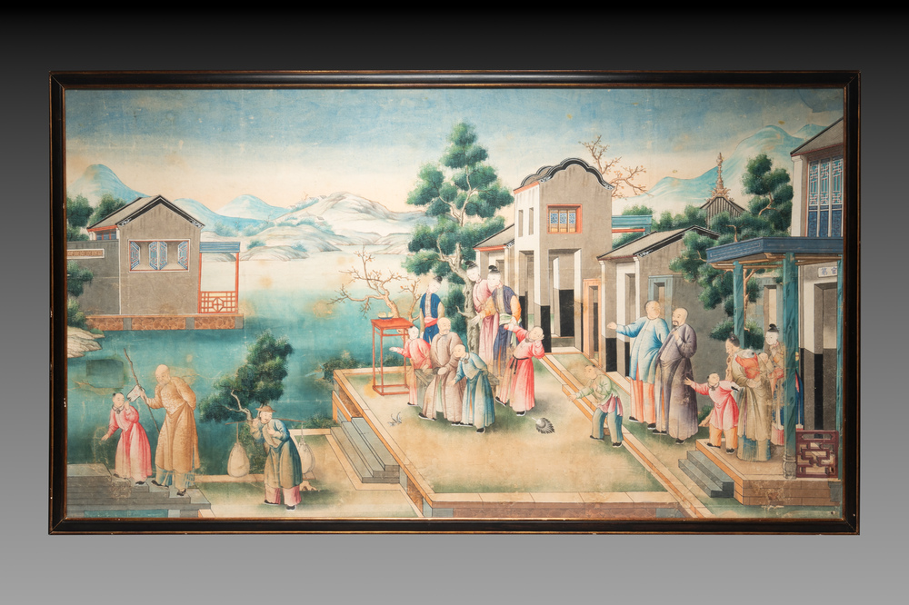 Canton school: 'Farewell at the entrance of the official residence', gouache on paper, Qianlong