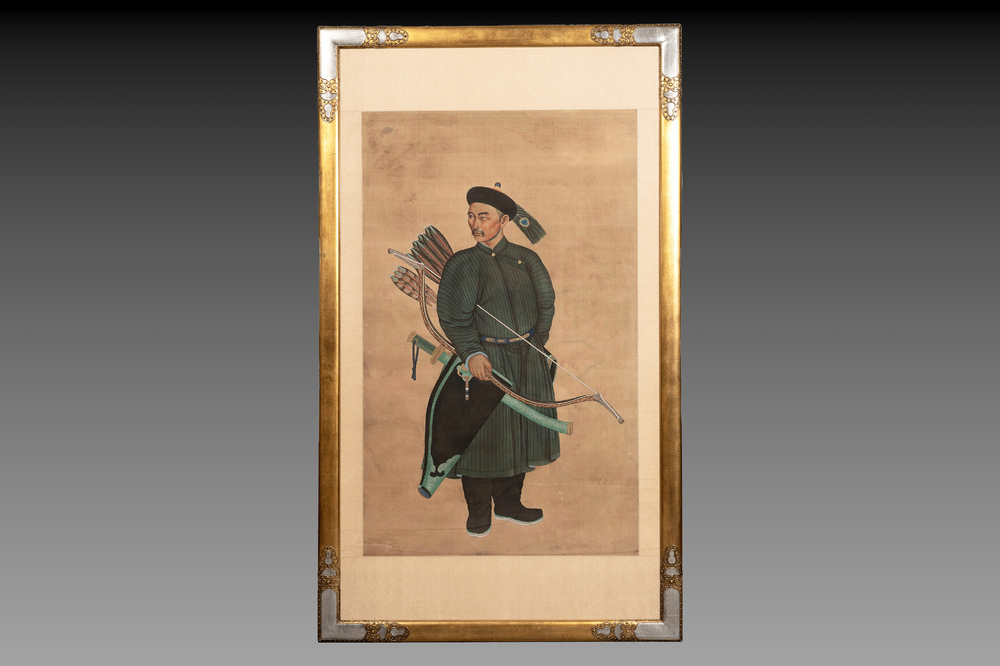 Chinese school: 'Manchu archer', ink and colour on silk, 18/19th C.