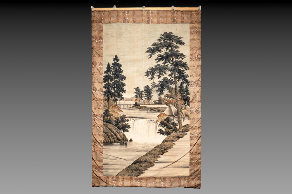 A Japanese embroidered wall tapestry with a river landscape, Meiji/Taisho, 19/20th C.
