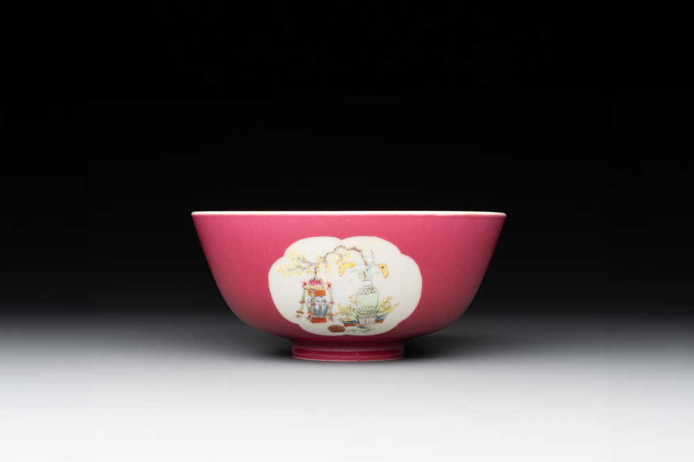 A Chinese famille rose ruby-ground 'antiquities' bowl, Jiang Xi Ci Ye Gong Si mark, Republic