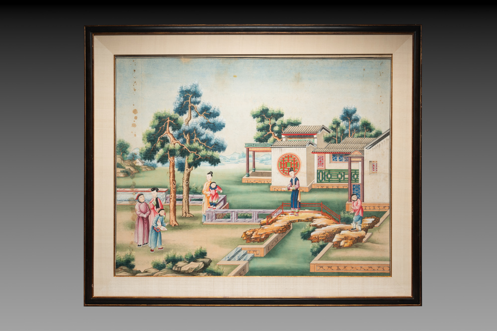 Canton school: 'Scene from the garden of the official residence', gouache on paper, Qianlong