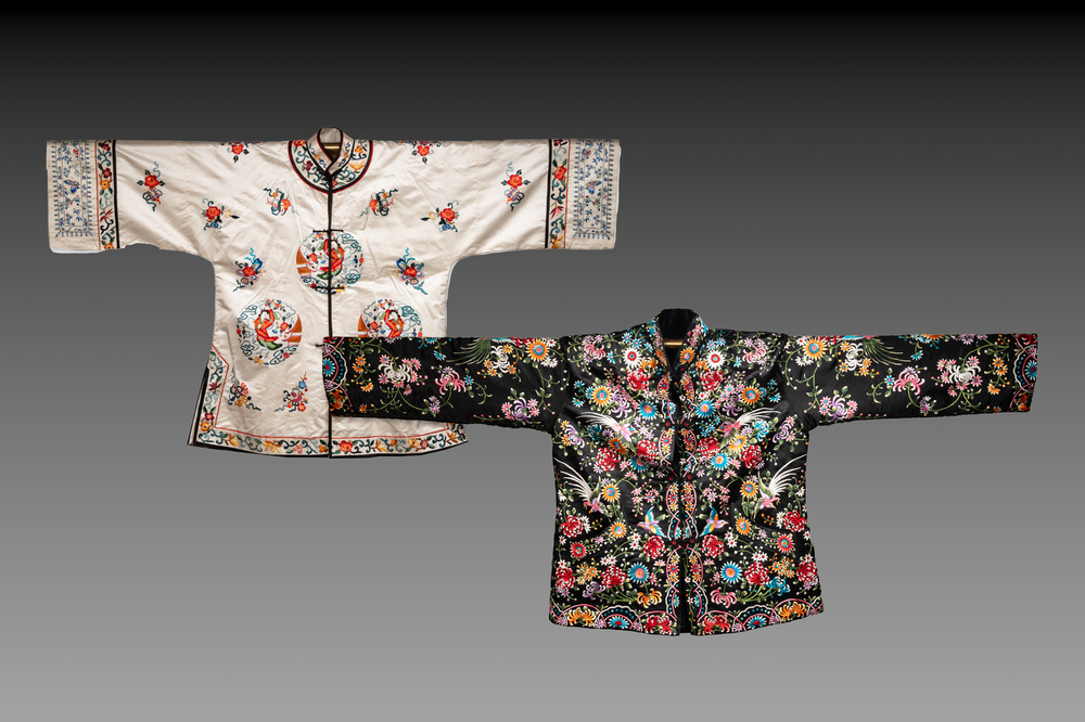 Two Chinese embroidered silk women's robes, 19/20th C.