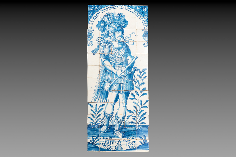 A rare and very large blue and white Dutch Delft 60-piece tile mural depicting Hannibal, 17th C.