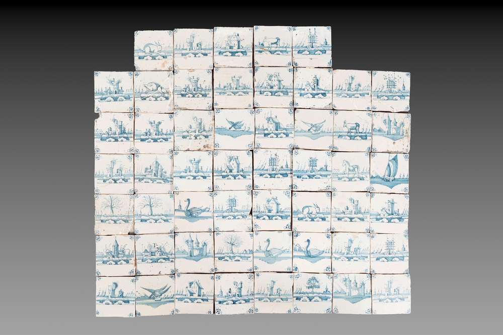 53 blue and white Dutch Delft tiles with animals and landscapes, 18th C.