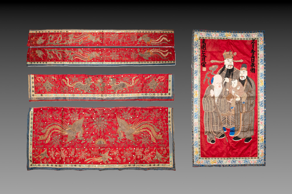 Five Chinese embroidered silk cloths with phoenixes, Buddhist lions and Sanxing, 19/20th C.
