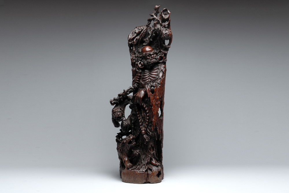 A large Chinese carved hongmu group of Fuhu Luohan and tigers, Republic