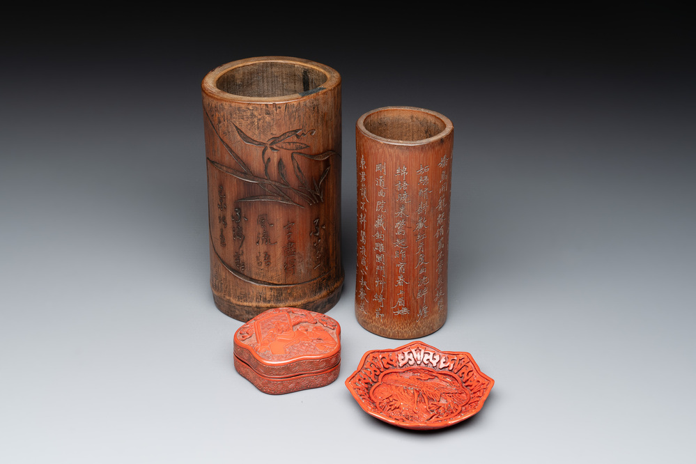 Two Chinese bamboo brush pots, signed Gu Heng 顧恆 and Lu Cheng 呂城, and a red cinnabar lacquer covered box and a saucer, 18/19th C.