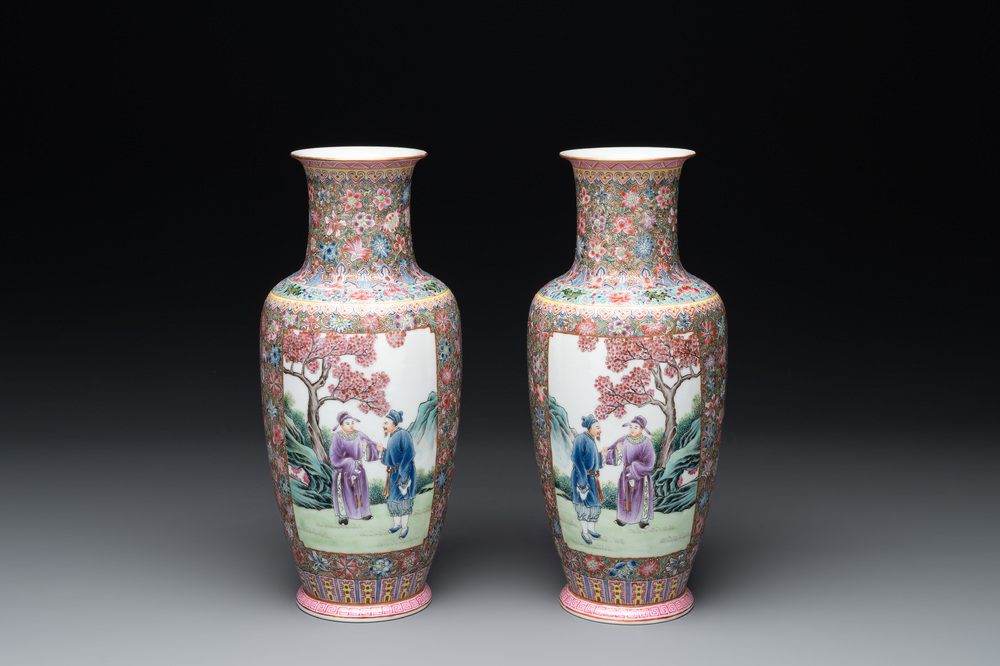 A pair of Chinese famille rose eggshell porcelain rouleau vases, Qianlong mark, Republic