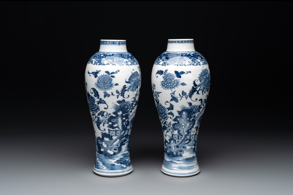 A pair of Chinese blue and white vases with floral design, Qianlong