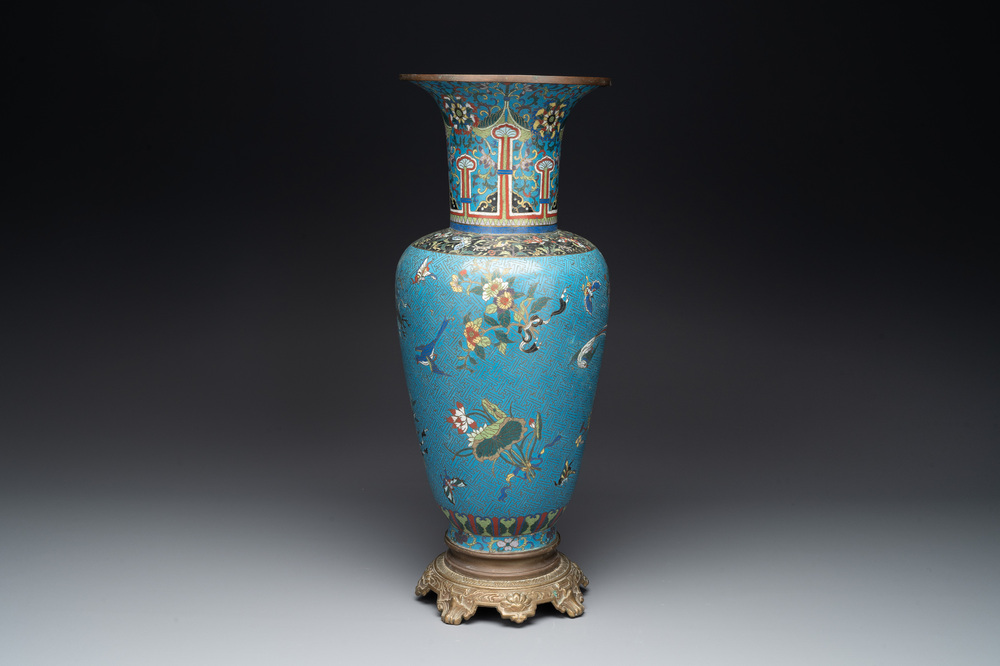 A Chinese cloisonn&eacute; 'birds, butterflies and flowers' vase, 19th C.