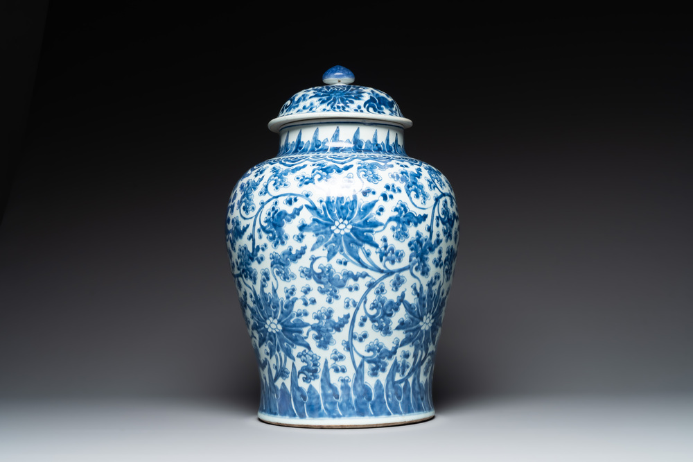 A large Chinese blue and white 'lotus scrolls' vase and cover, Kangxi