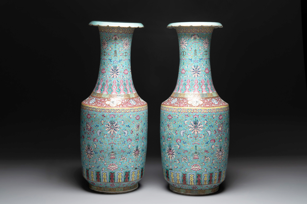 A pair of large Chinese famille rose turquoise-ground 'lotus scroll' vases, Guangxu mark and of the period