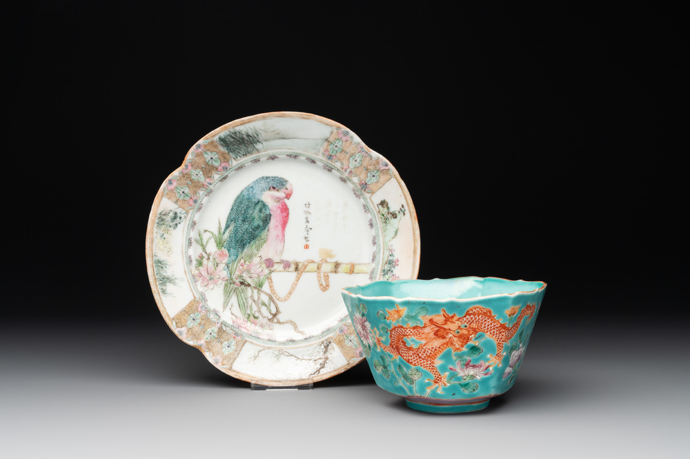A Chinese famille rose 'parrot' plate and a turquoise-ground 'dragon' bowl, Daoguang mark and of the period