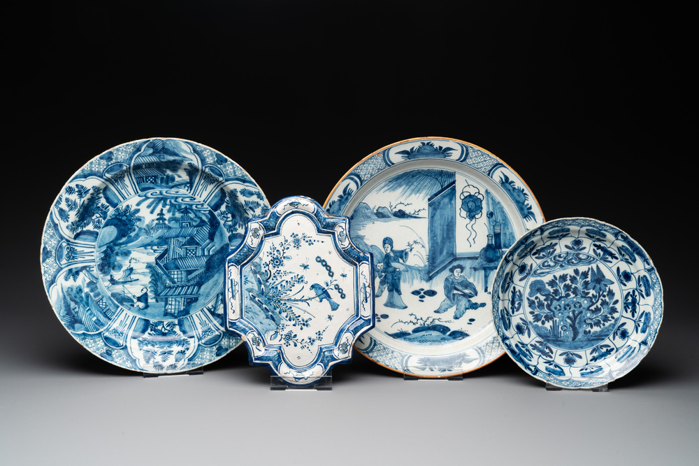 Two blue and white Dutch Delft chinoiserie dishes, a plate and a plaque, 18th C.