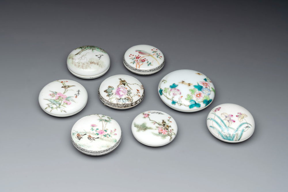 Eight Chinese famille rose seal paste boxes, various marks, Republic
