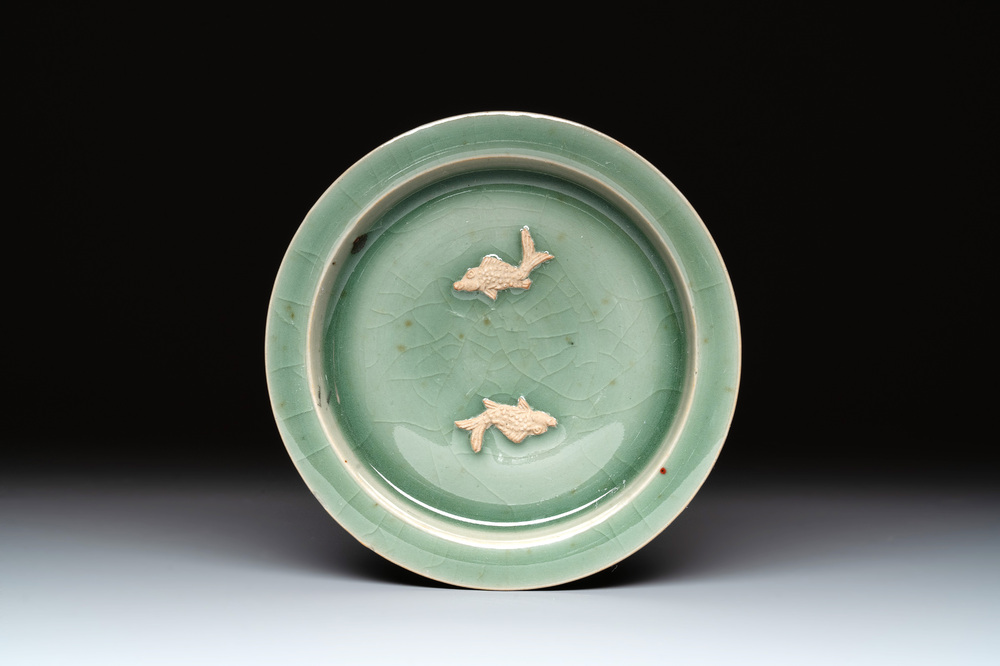 A Chinese Longquan celadon 'twin fish' plate, Yuan/Ming