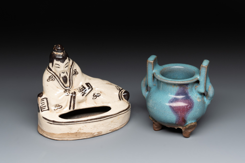 A Chinese junyao purple-splashed tripod censer and a Cizhou brush washer, Ming