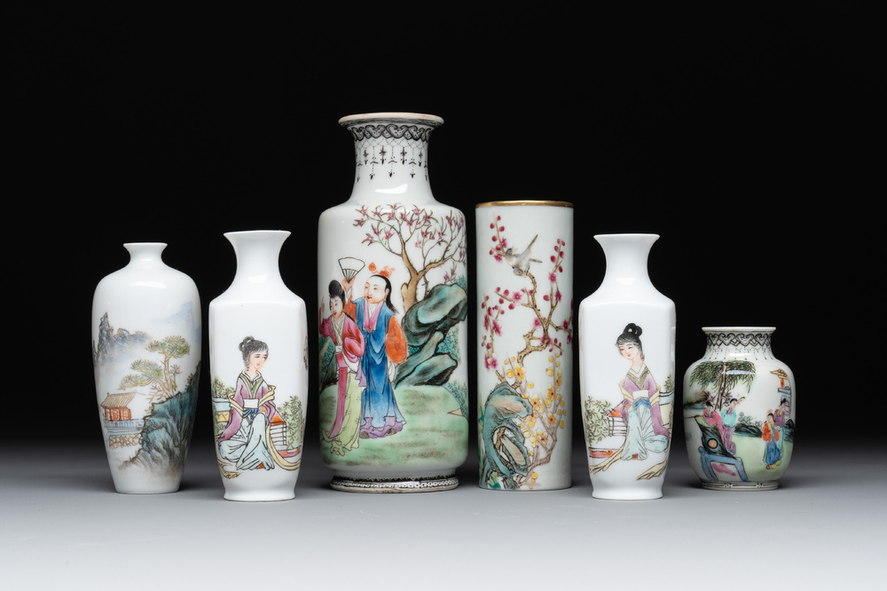 Six small Chinese famille rose vases, Qianlong and Hongxian marks, 20th C.