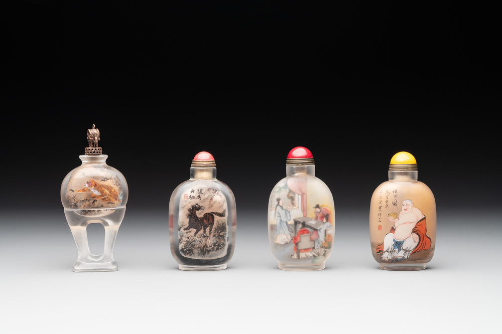 Four Chinese inside-painted glass snuff bottles, signed Meng Zishou 孟子受 and Ye Zhongsan 葉仲三, 20th C., one dated 1943
