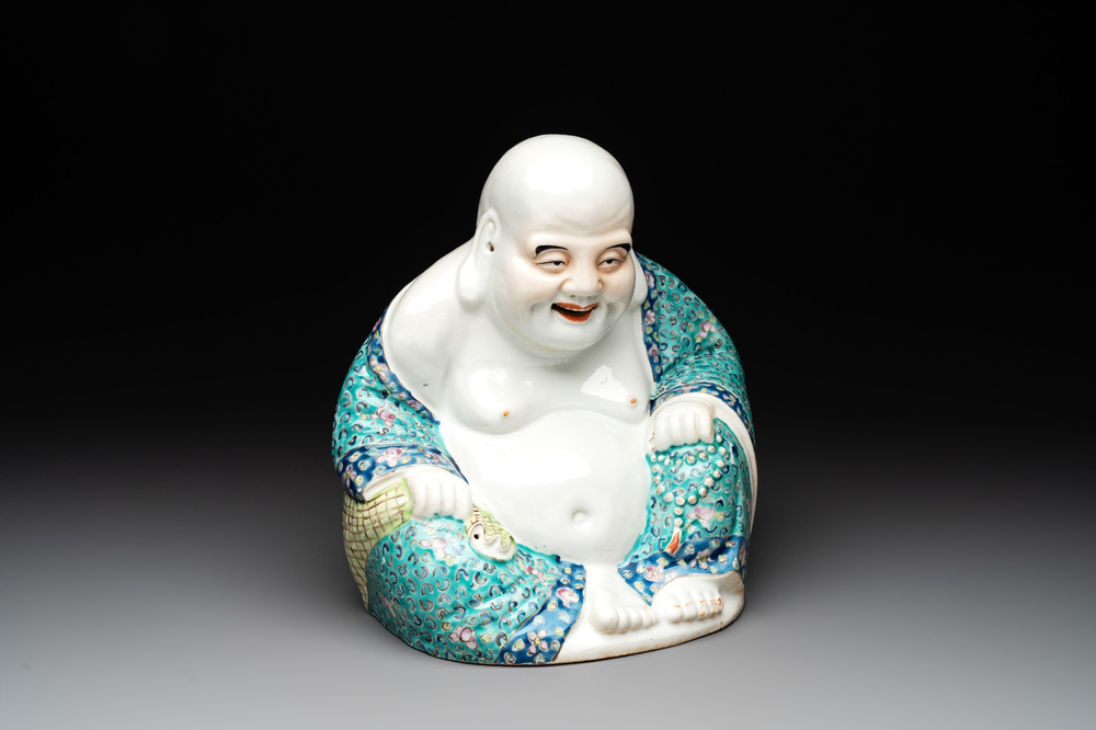A Chinese famille rose turquoise-ground Milefo Buddha, Wan Tong Shun 萬同順 mark, Republic