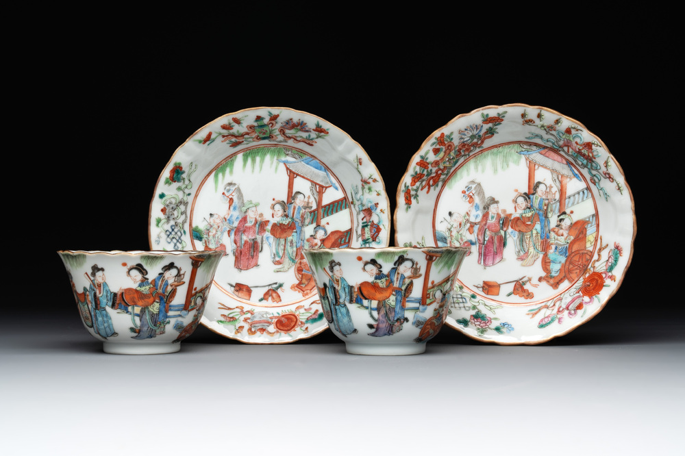 A pair of Chinese famille rose cups and saucers with figural design, Xianfeng mark and of the period