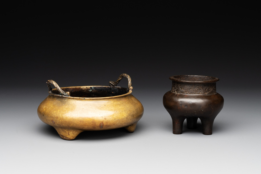 Two Chinese bronze tripod censers, Ming/Qing