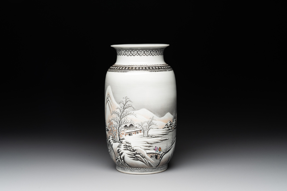 A Chinese grisaille 'winter landscape' vase, Qianlong mark, 20th C.