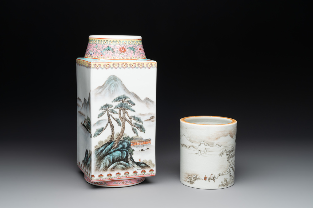 A Chinese famille rose 'cong' vase and a grisaille and iron-red-decorated brush pot, Jingdezhen mark, 20th C.