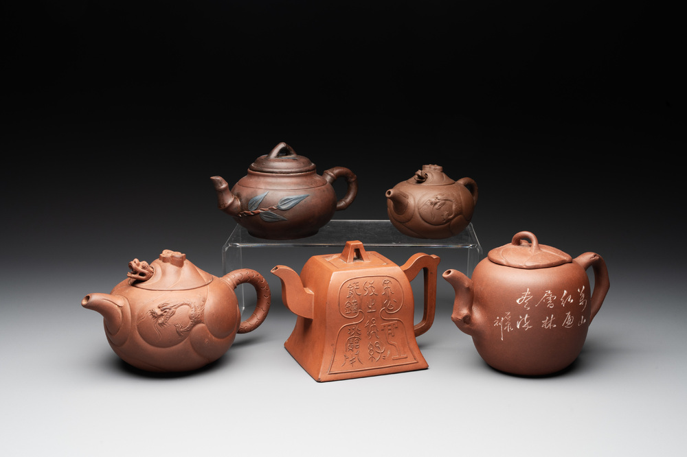Five Chinese Yixing stoneware teapots, 19/20th C.