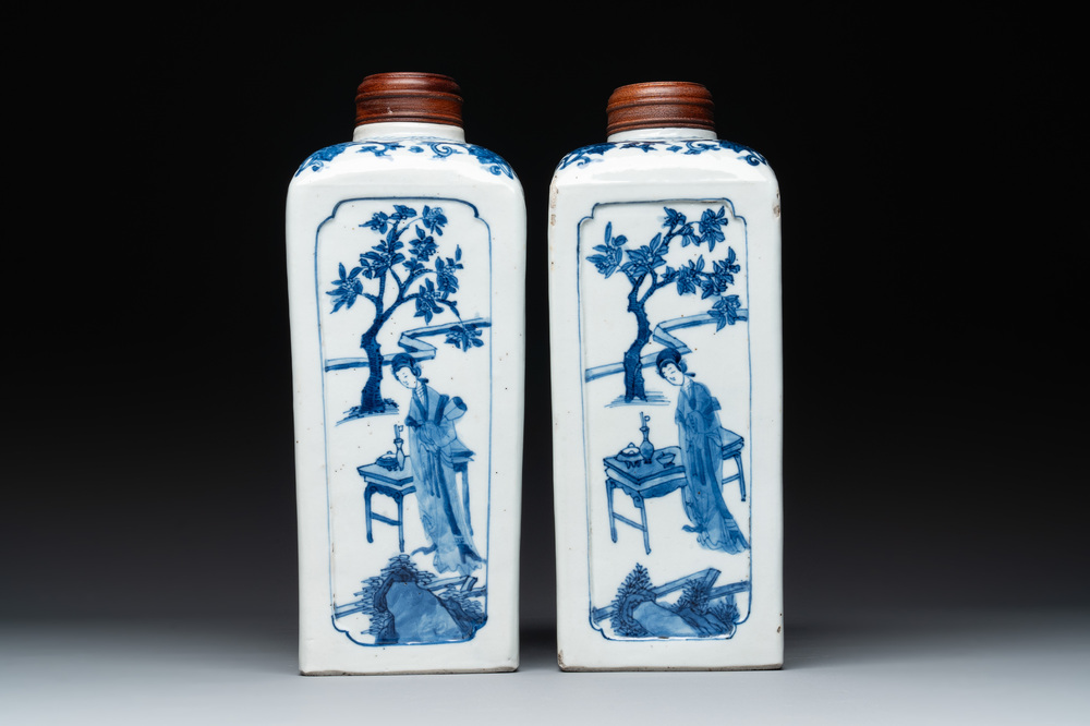 A pair of Chinese blue and white 'Long Eliza' square flasks, Kangxi