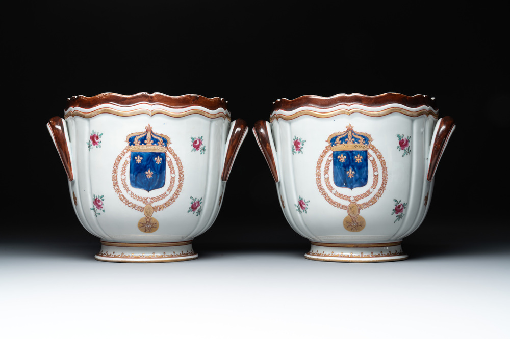 A pair of famille rose-style wine coolers with arms of King Louis XV of France, Samson, Paris, 19th C.