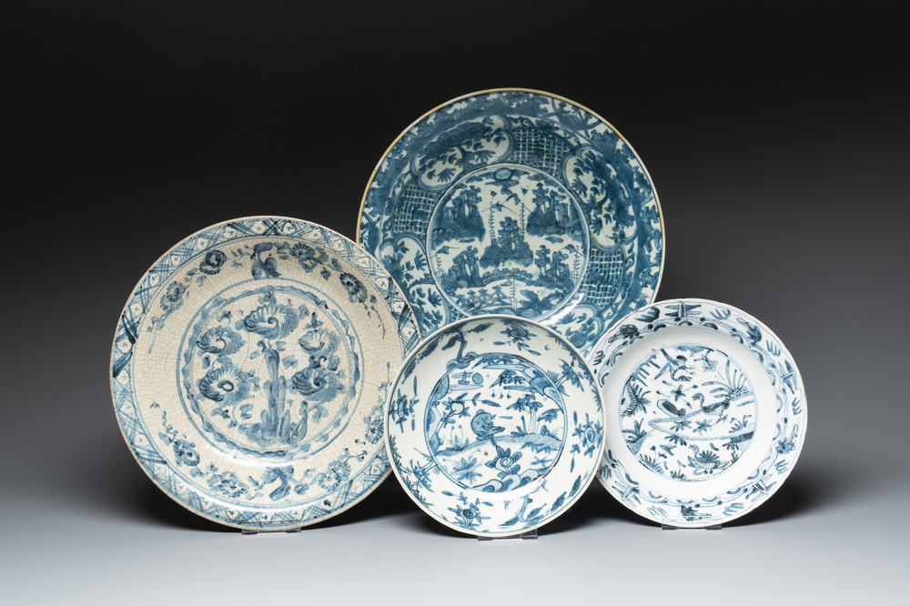 Four Chinese blue and white Swatow dishes, Ming