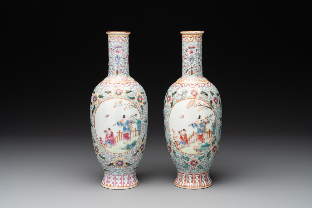 R1A pair of Chinese famille rose 'boys' vases, Qianlong mark, Republic