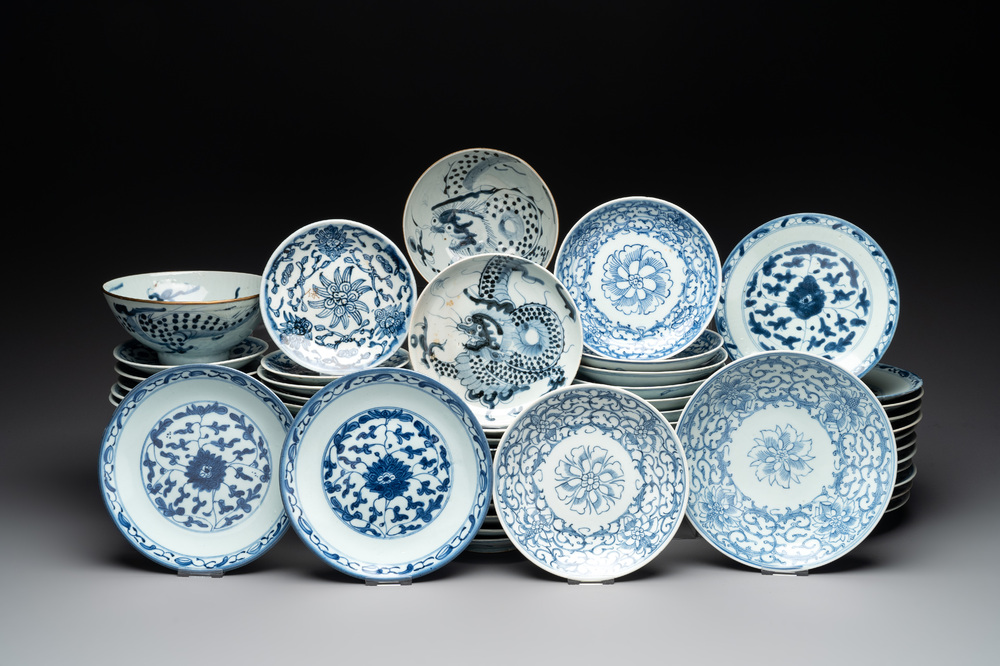 An impressive collection of 50 Chinese Dehua blue and white wares, 19th C.