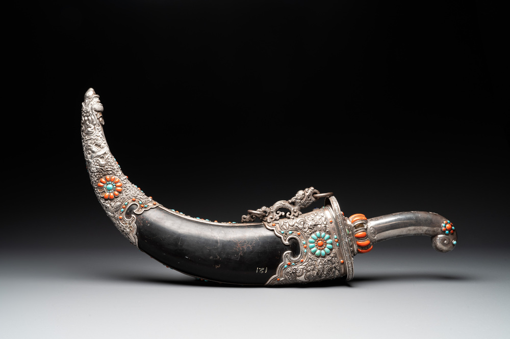 A large Tibetan coral- and turquoise-inlaid silver dagger, 19th C.