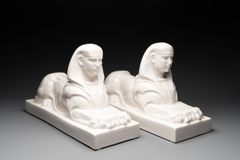 A pair of large white-glazed shop display models of sphinxes, Petrus Regout, Maastricht, 20th C.