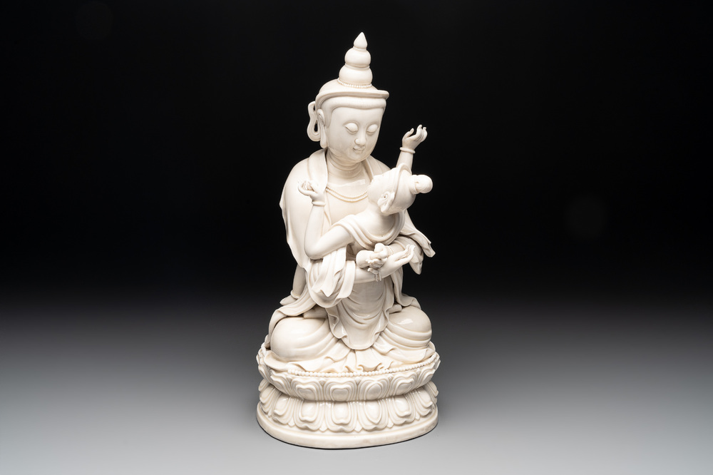 A Chinese Dehua blanc de Chine group of the seated Buddha Vajrasattva and Shakti on a lotus throne, 20th C.