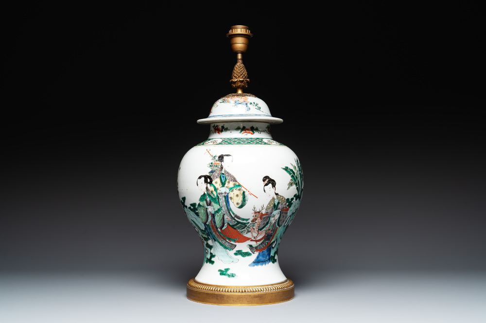 A Chinese famille verte vase and cover mounted as a lamp, 19th C.