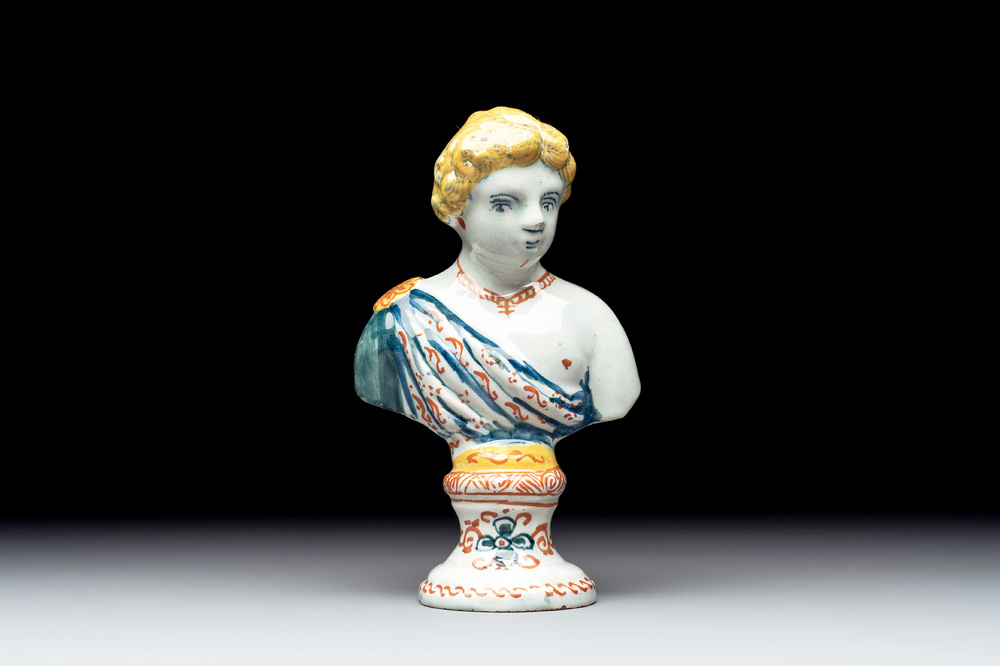 A polychrome Dutch Delft bust, 18th C.